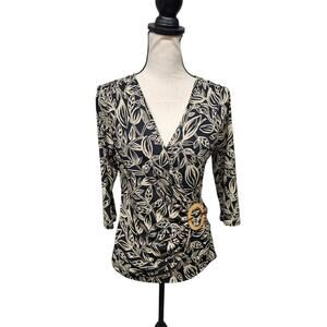 Georege Faux Wrap Womens Sz M Stretch Wood Buckle Office Dress Shirt Jersey Knit